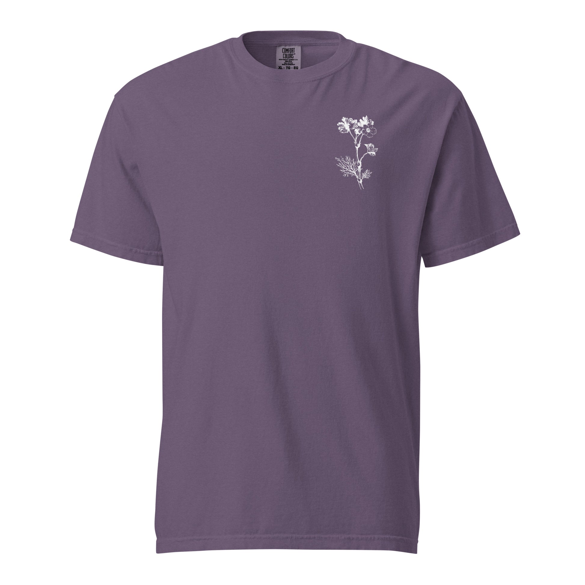 Front of the Grape Psalm 27 women’s tee featuring a small white floral chest graphic.