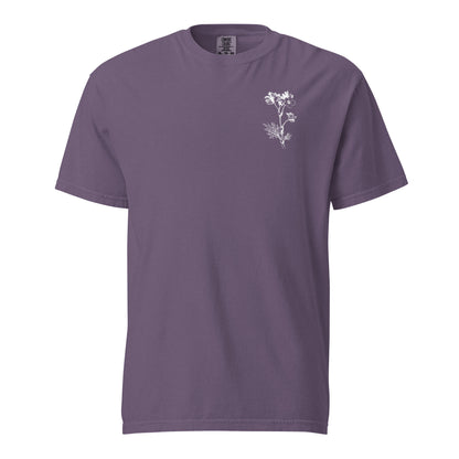 Front of the Grape Psalm 27 women’s tee featuring a small white floral chest graphic.