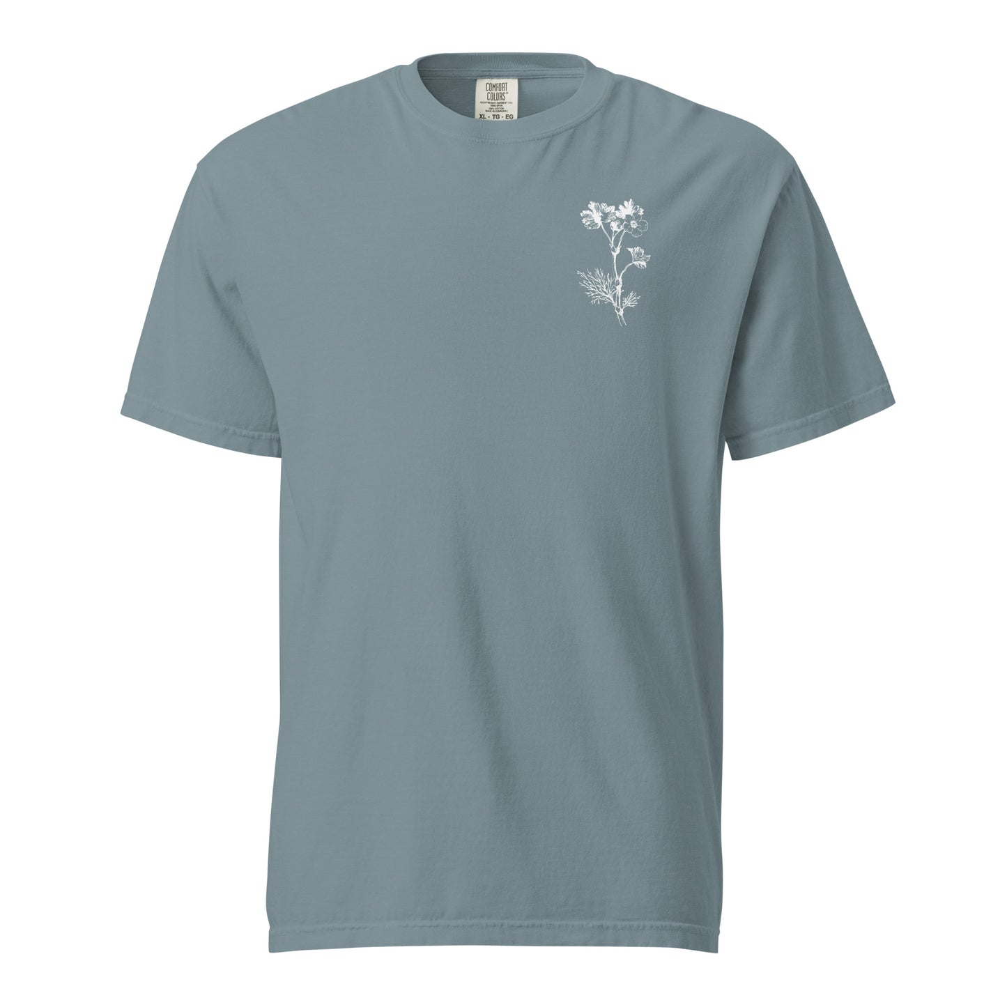 Front of the Ice Blue Psalm 27 women’s tee with a small white botanical chest design.