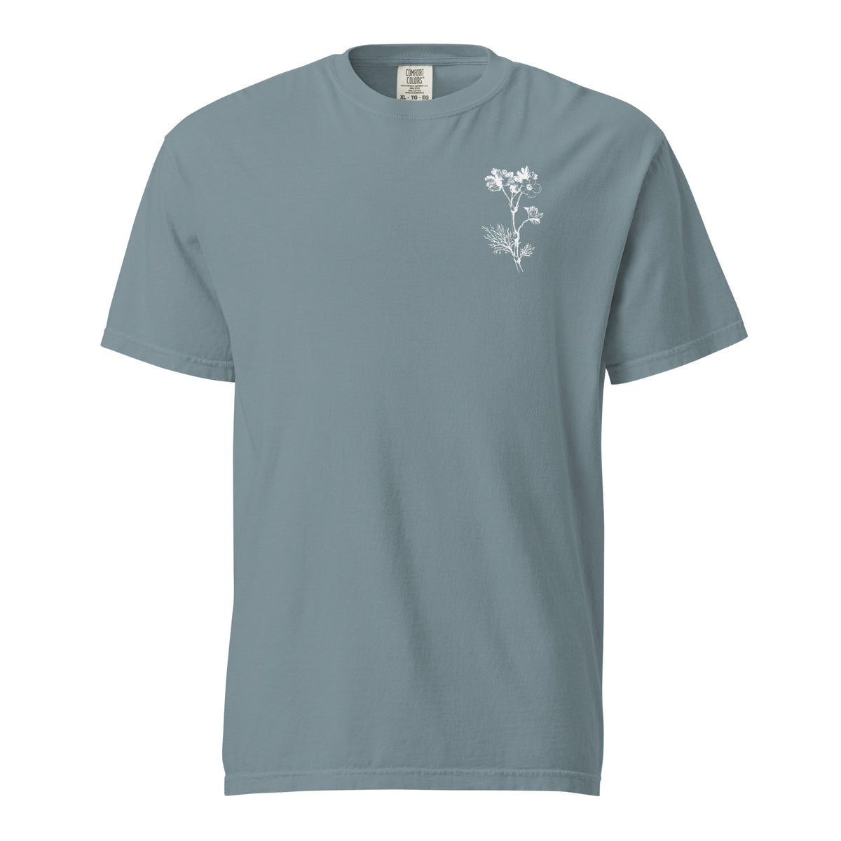 Front of the Ice Blue Psalm 27 women’s tee with a small white botanical chest design.