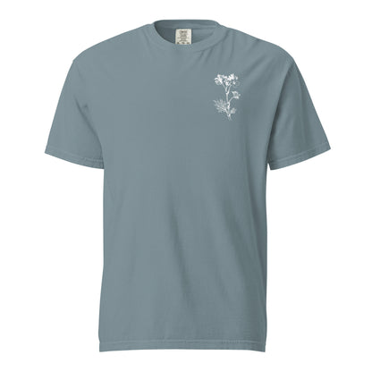 Front of the Ice Blue Psalm 27 women’s tee with a small white botanical chest design.