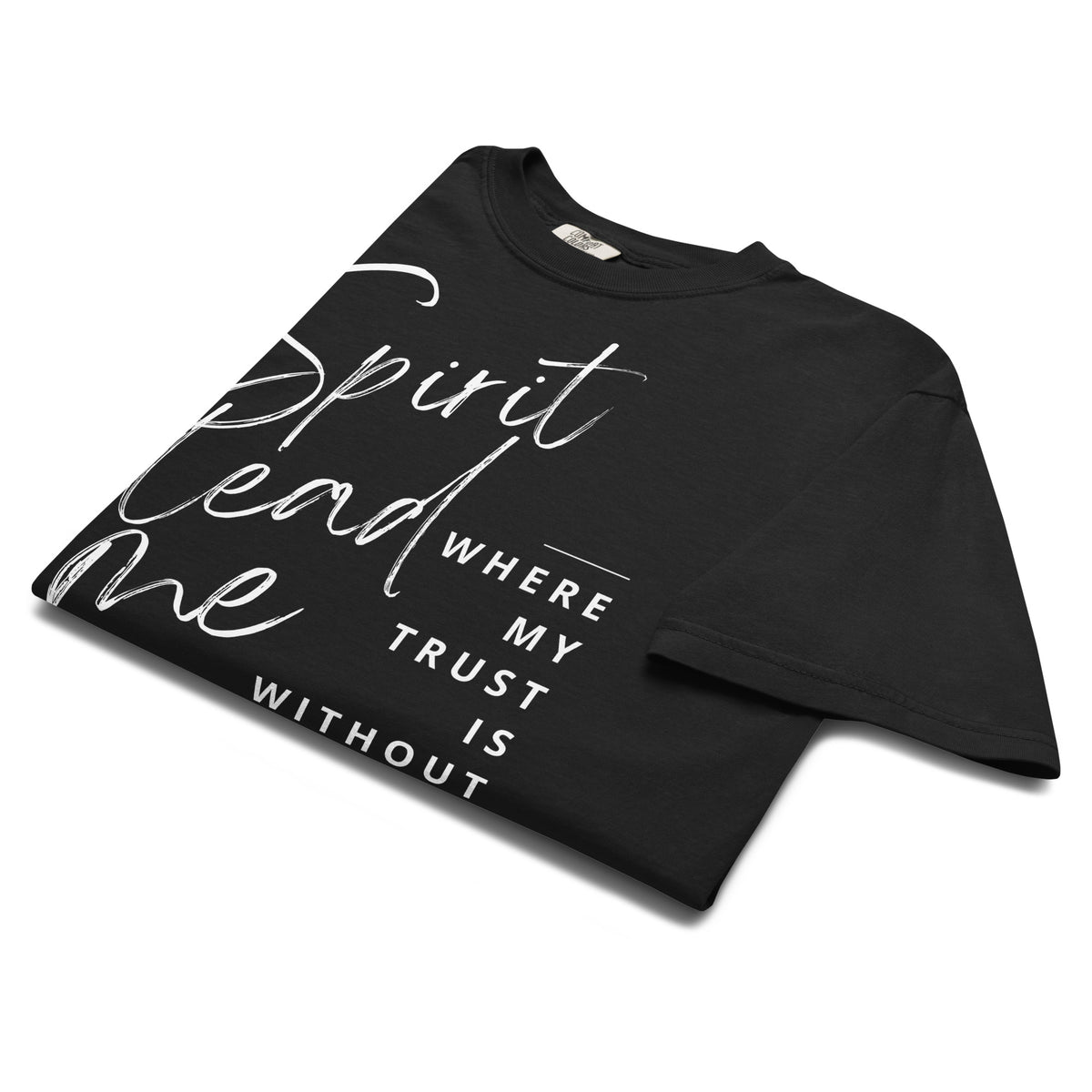 Angled close-up of the Spirit Lead Me Christian T-shirt in black with white typography.