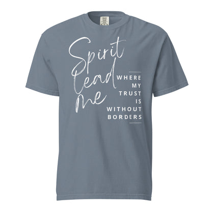 Blue jean Spirit Lead Me women’s Christian T-shirt with white typography on the front.