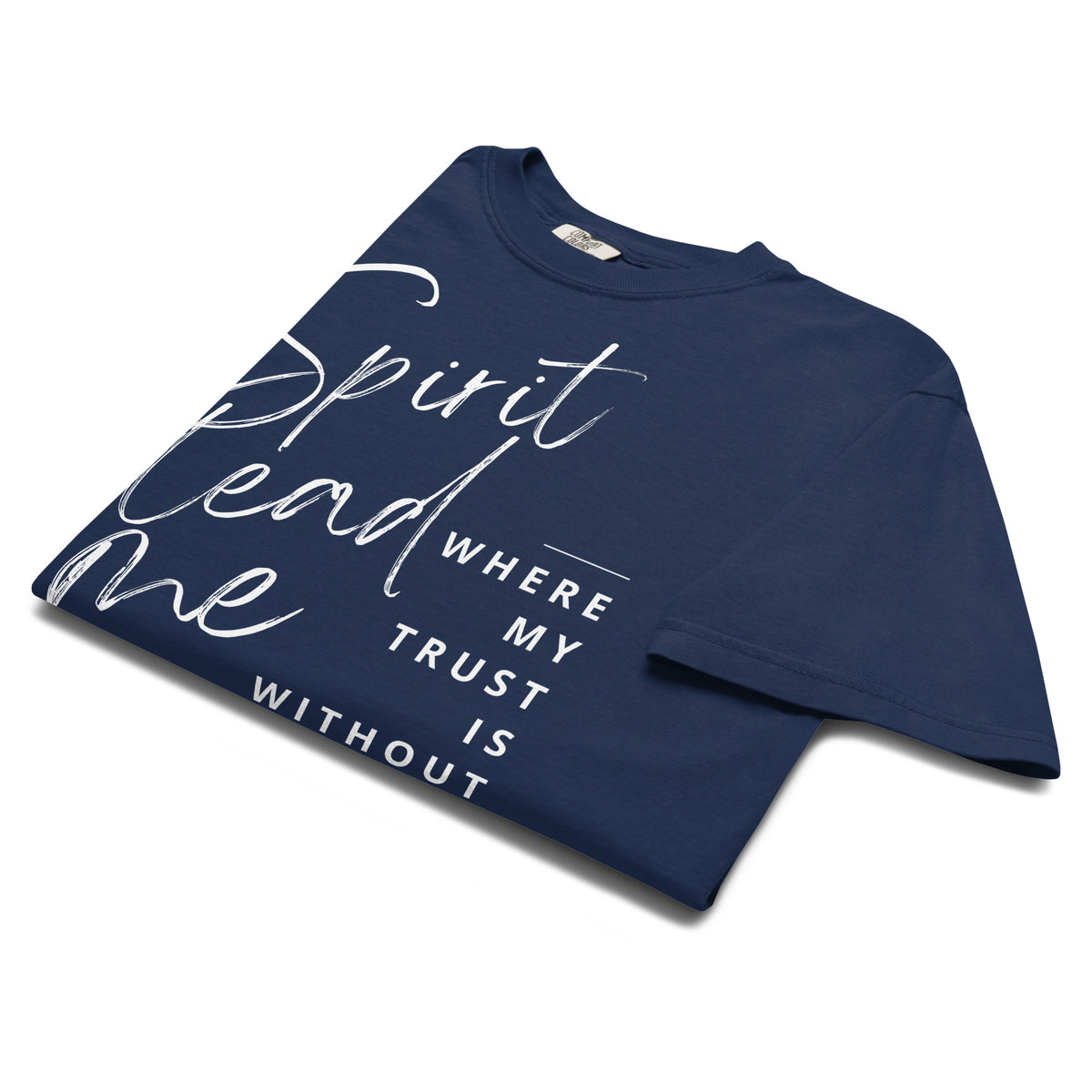 Angled close-up of the Spirit Lead Me Christian T-shirt in true navy.