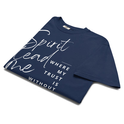 Angled close-up of the Spirit Lead Me Christian T-shirt in true navy.