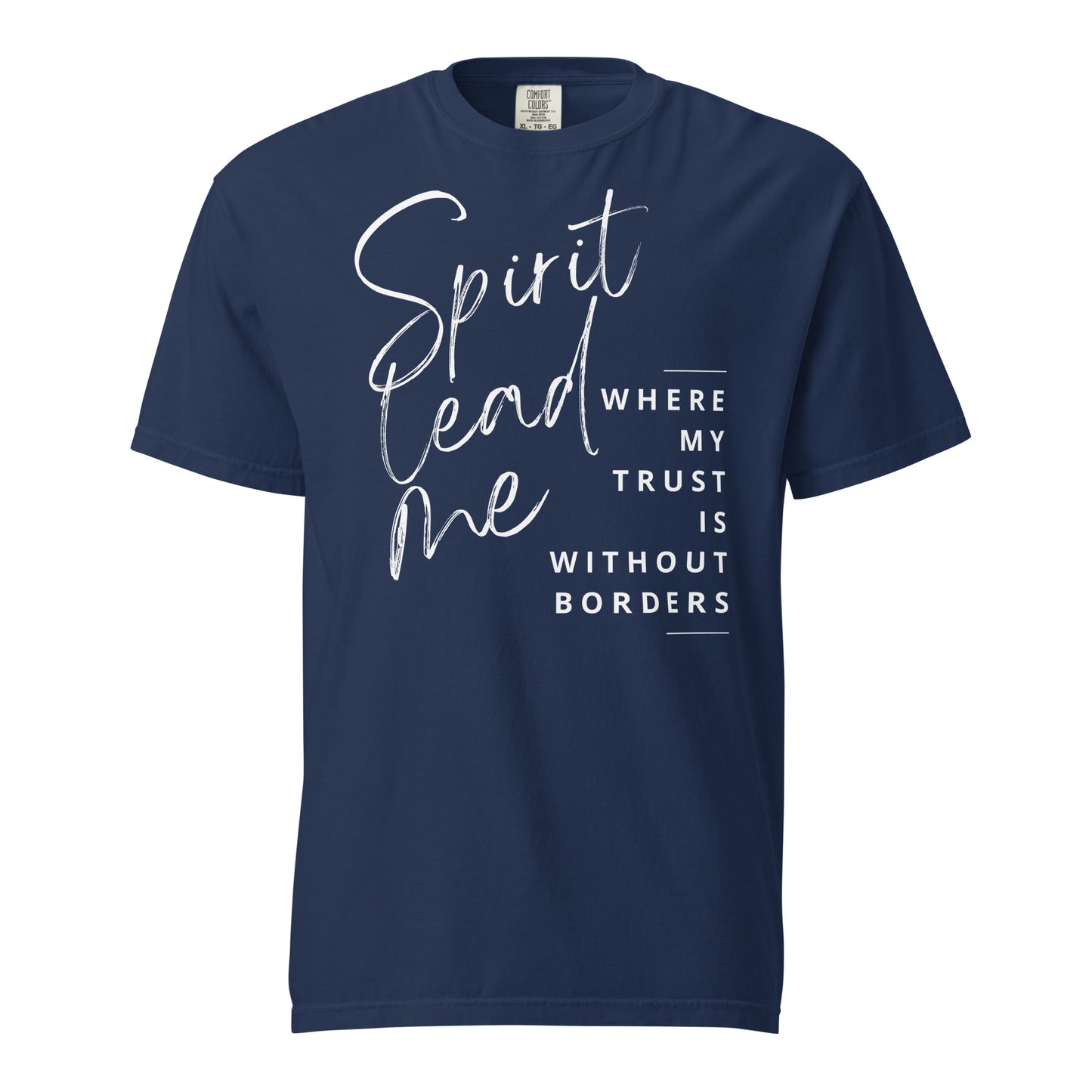 True navy Spirit Lead Me women’s Christian T-shirt with white faith-inspired lettering.