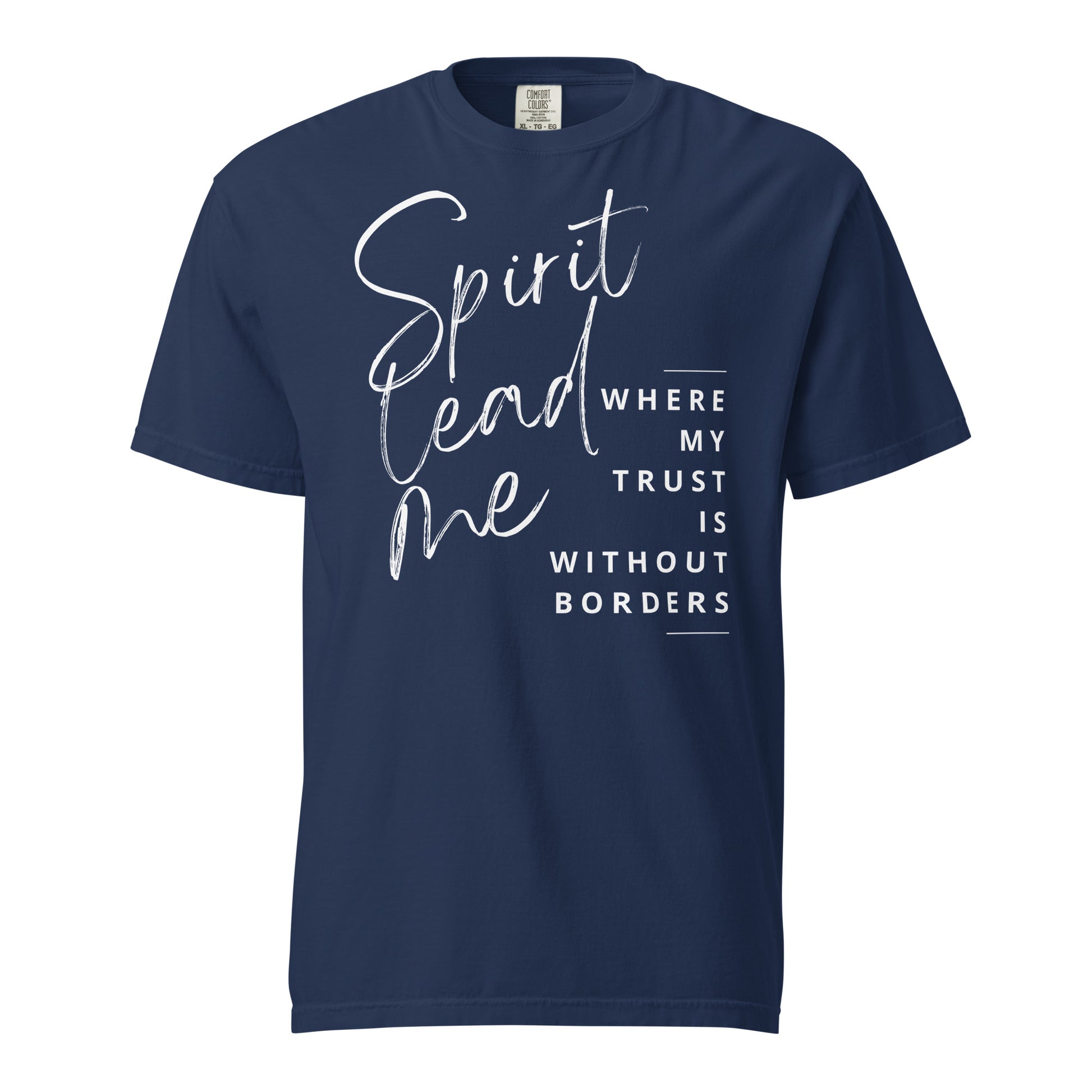 True navy Spirit Lead Me women’s Christian T-shirt with white faith-inspired lettering.