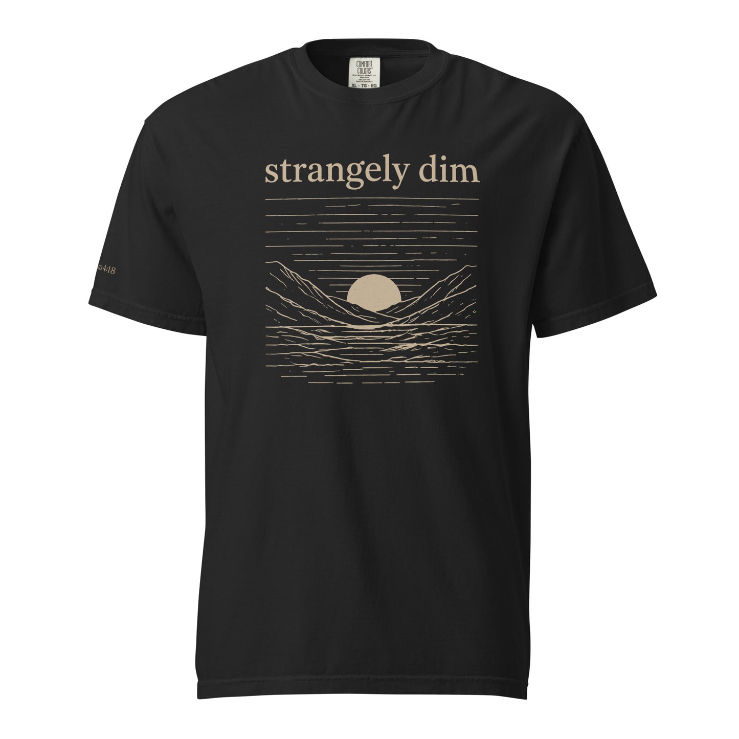 Black Strangely Dim men’s Christian T-shirt with beige mountain, water and sunset graphic on white background