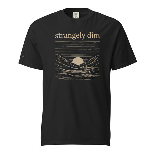Black Strangely Dim men’s Christian T-shirt with beige mountain, water and sunset graphic on white background