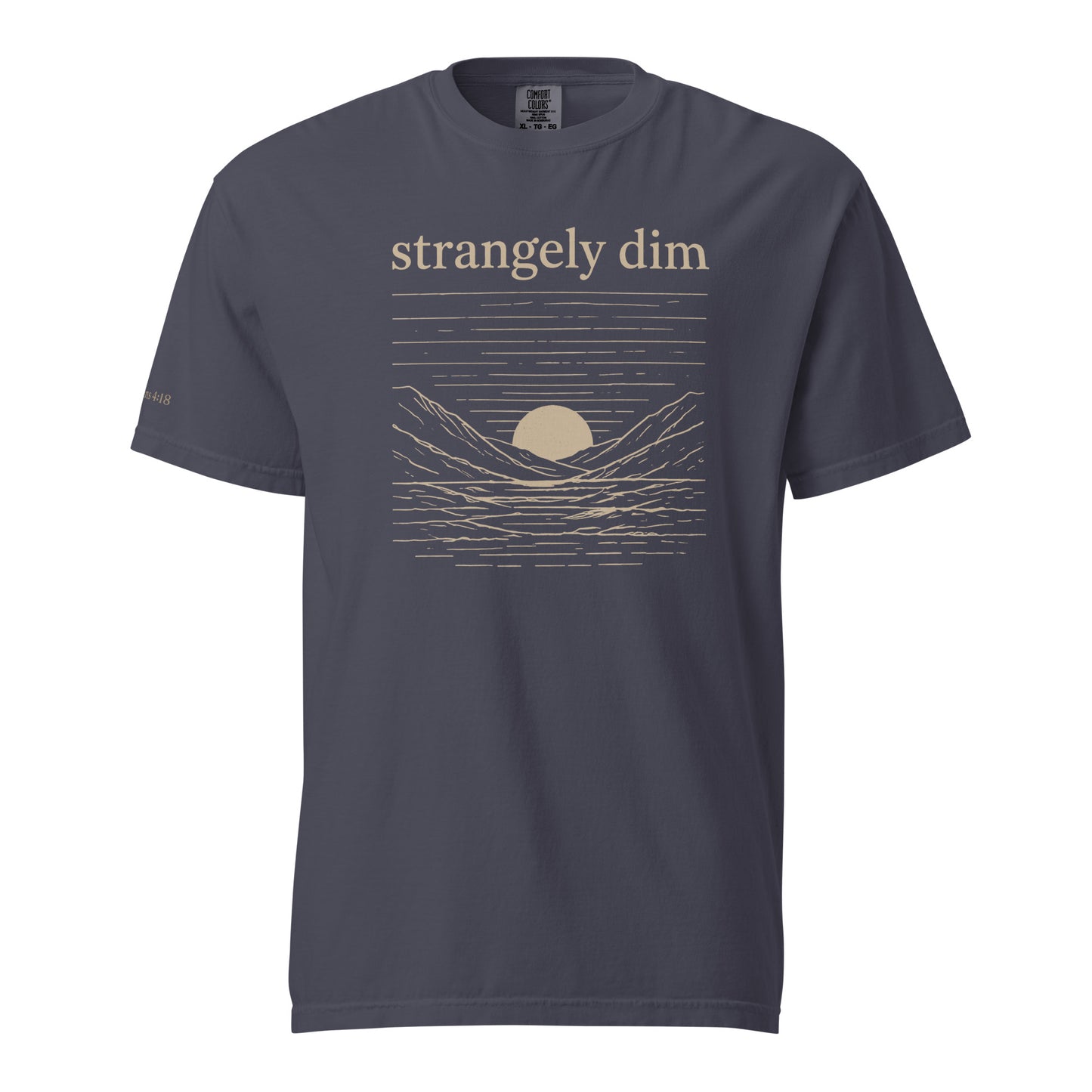 Navy Strangely Dim men’s Christian T-shirt with beige mountain, water and sunset graphic