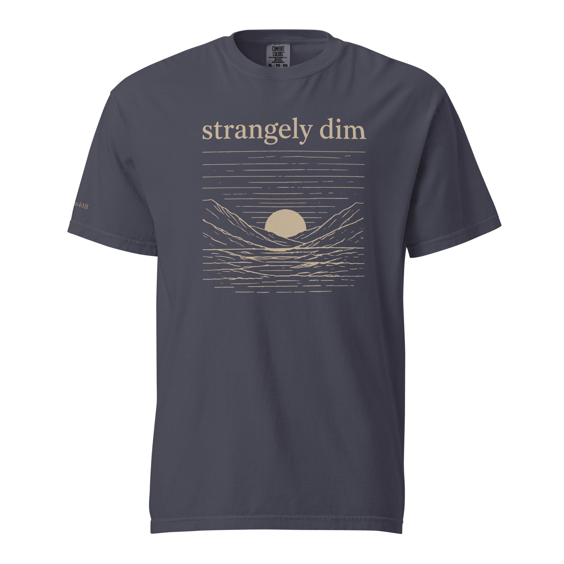 Navy Strangely Dim men’s Christian T-shirt with beige mountain, water and sunset graphic