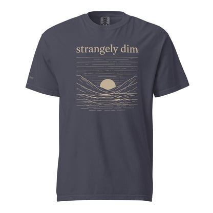 Navy Strangely Dim men’s Christian T-shirt with beige mountain, water and sunset graphic