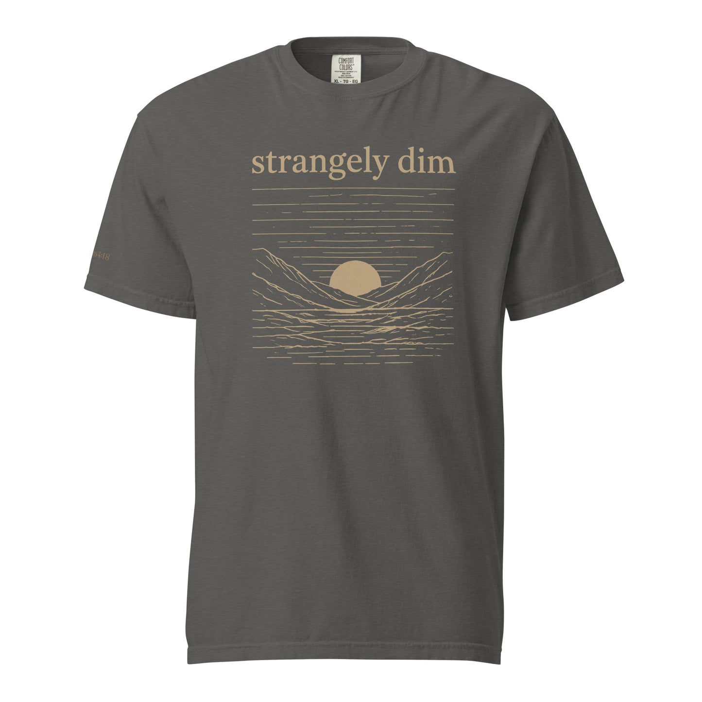 Pepper gray Strangely Dim men’s Christian T-shirt with beige mountain and sunset illustration