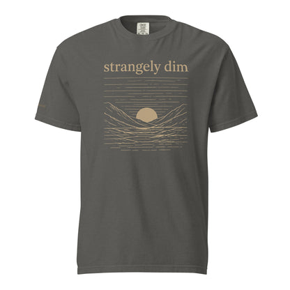 Pepper gray Strangely Dim men’s Christian T-shirt with beige mountain and sunset illustration