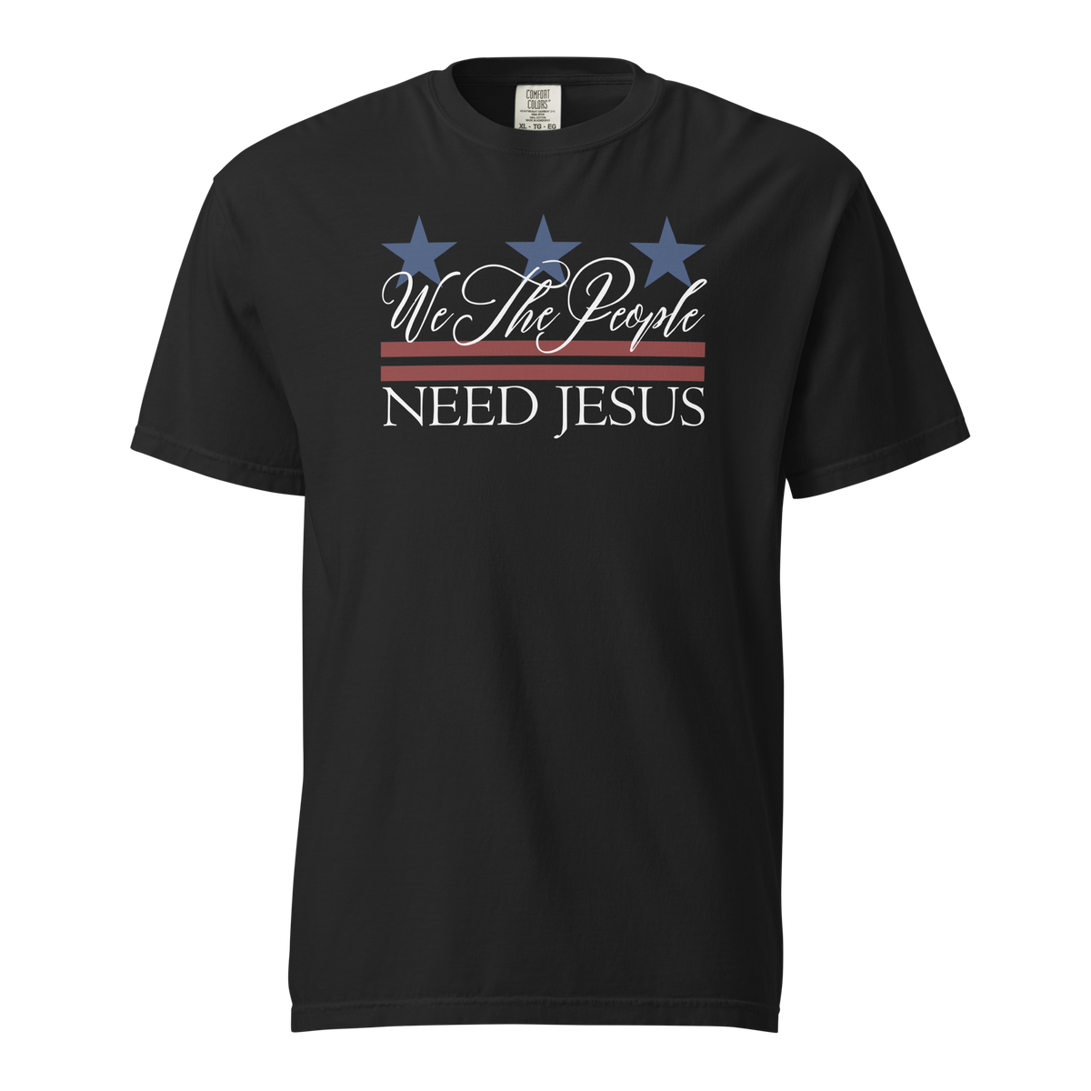 Black women’s Christian T-shirt featuring the patriotic We the People Need Jesus design.
