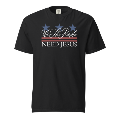Black women’s Christian T-shirt featuring the patriotic We the People Need Jesus design.