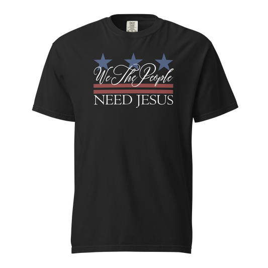 Black women’s Christian T-shirt featuring the patriotic We the People Need Jesus design.