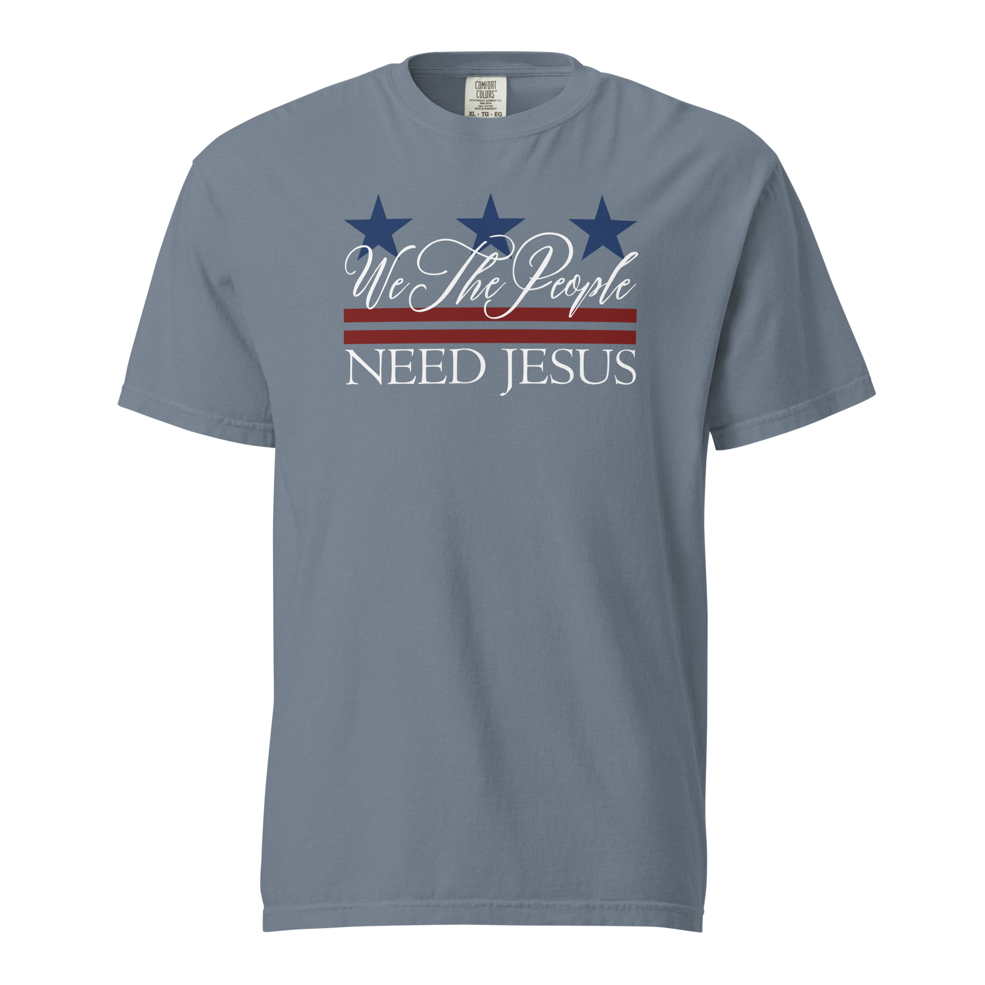 Blue Jean women’s Christian T-shirt featuring the We the People Need Jesus patriotic design.