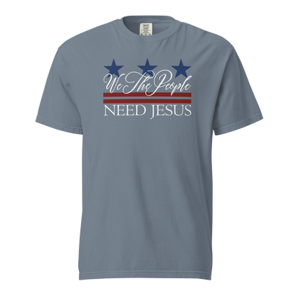 Blue Jean women’s Christian T-shirt featuring the We the People Need Jesus patriotic design.