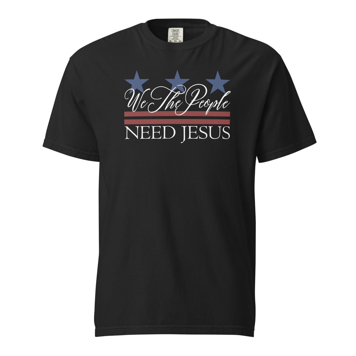 Black men’s Christian T-shirt featuring a We the People Need Jesus patriotic graphic.