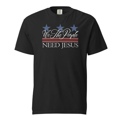 Black men’s Christian T-shirt featuring a We the People Need Jesus patriotic graphic.
