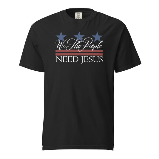 Black men’s Christian T-shirt featuring a We the People Need Jesus patriotic graphic.