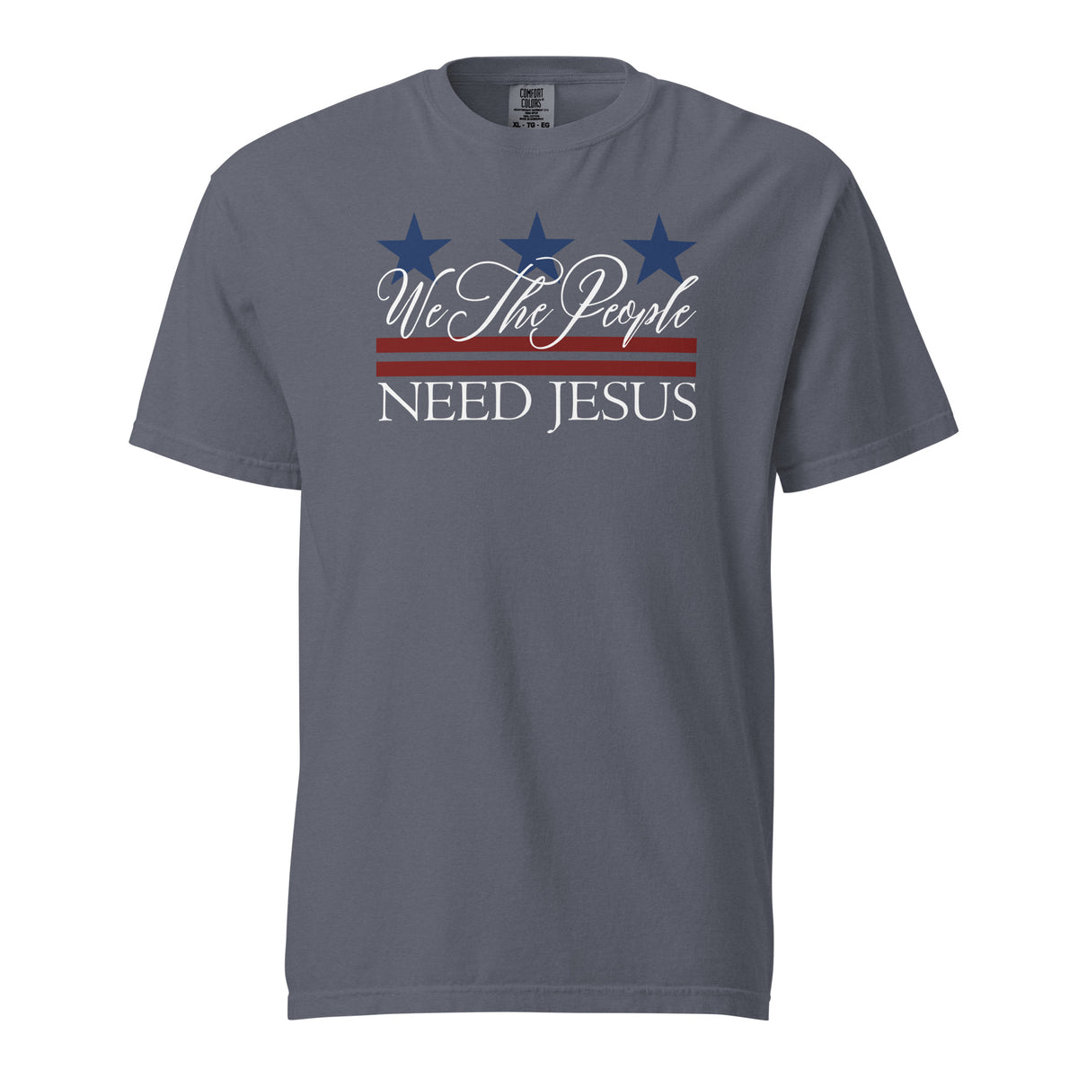 Denim blue men’s Christian T-shirt featuring a We the People Need Jesus patriotic design.