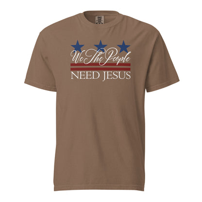 Espresso brown men’s Christian T-shirt with a We the People Need Jesus patriotic graphic.