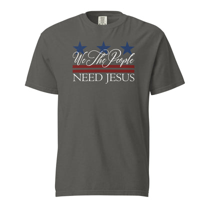 Pepper gray men’s Christian T-shirt with a We the People Need Jesus patriotic graphic.