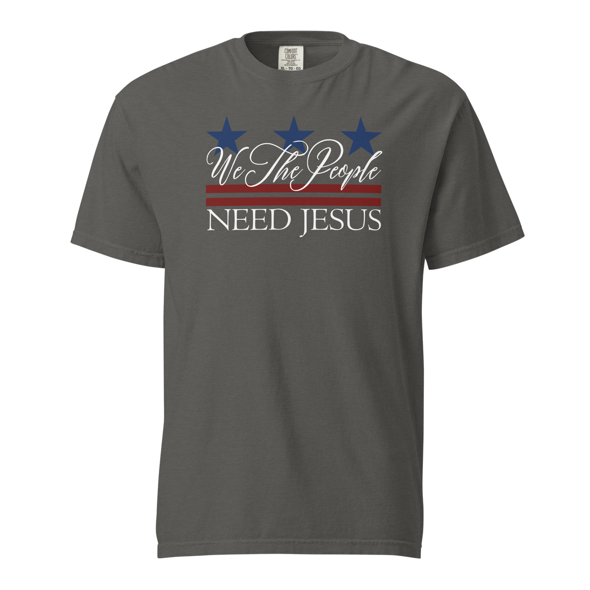 Pepper gray women’s T-shirt with a red, white and blue We the People Need Jesus design.